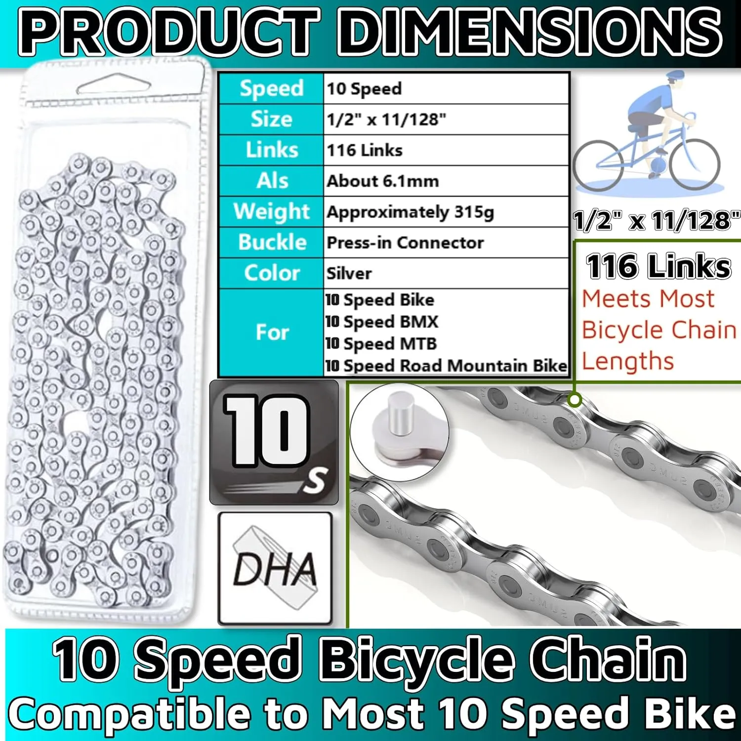 10 Speed Chain 1/2" x 11/128" 116 Links BMX Bicycle Mountain Bike MTB Chain