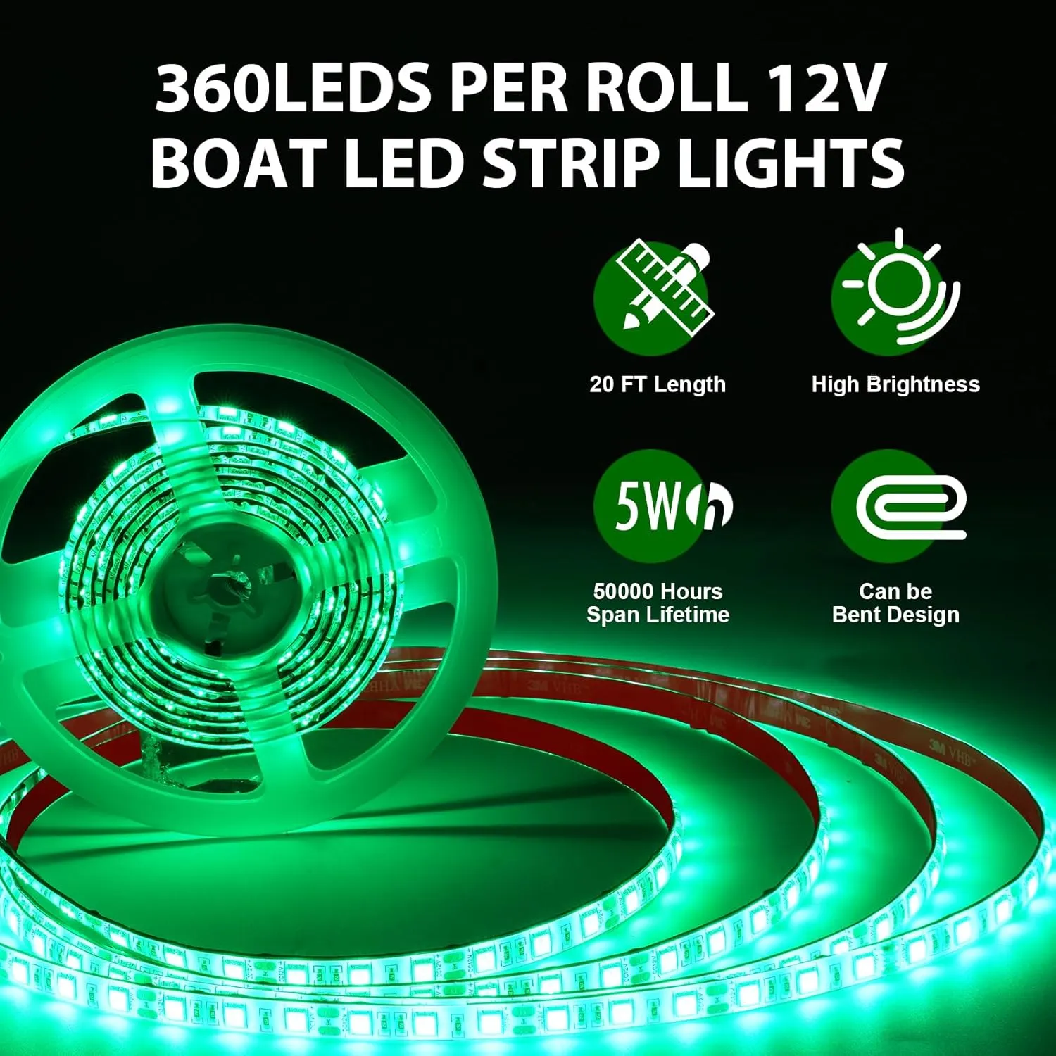20FT Marine LED Strip Lights for Pontoon, Boat LED Strip Lights 12V Waterproof, Ideal as Under Gunnel Lights, Deck Light, Boat Interior Light for Kayak, Jon Boat and Fishing Boats (Green)