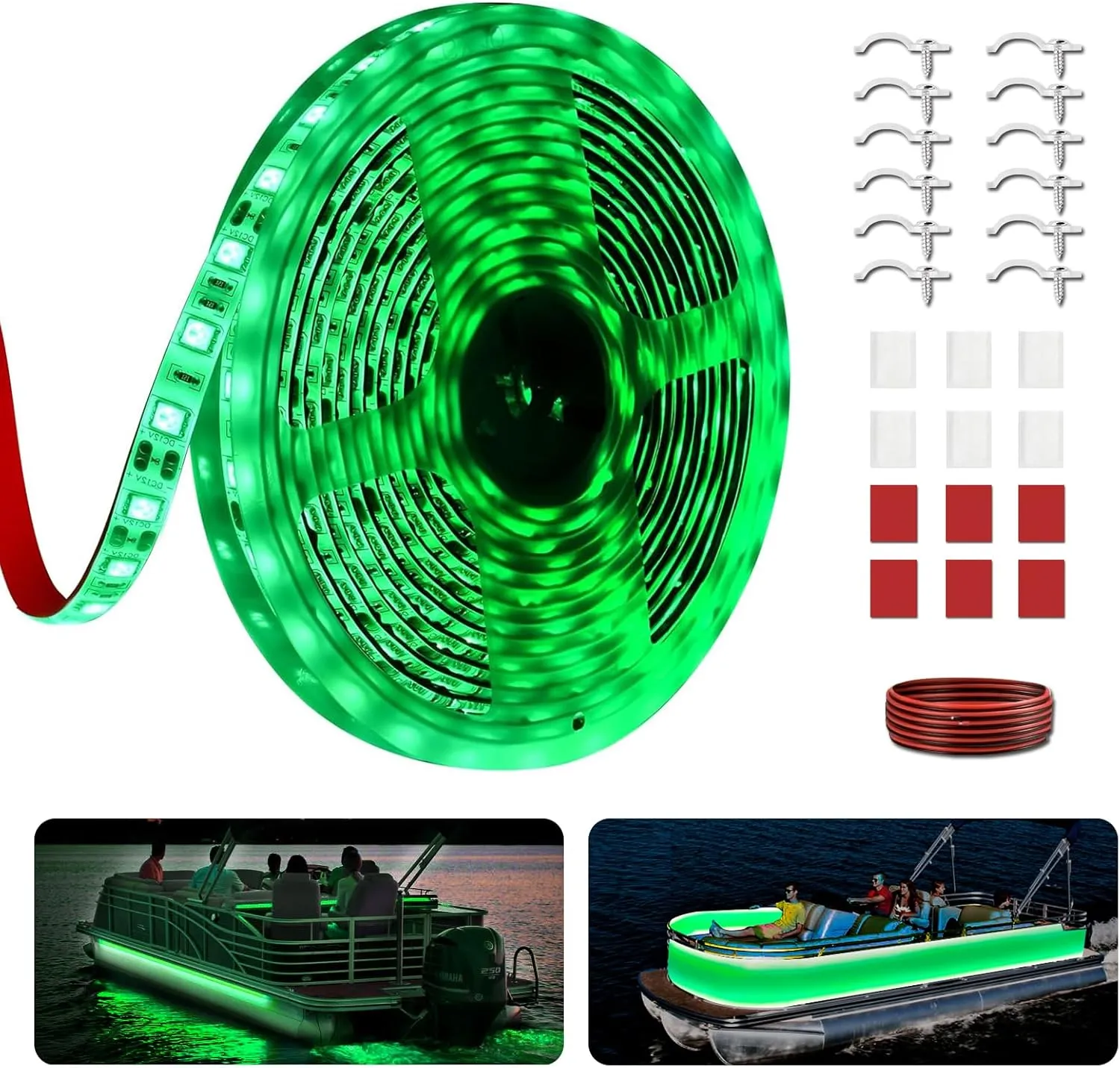 20FT Marine LED Strip Lights for Pontoon, Boat LED Strip Lights 12V Waterproof, Ideal as Under Gunnel Lights, Deck Light, Boat Interior Light for Kayak, Jon Boat and Fishing Boats (Green)