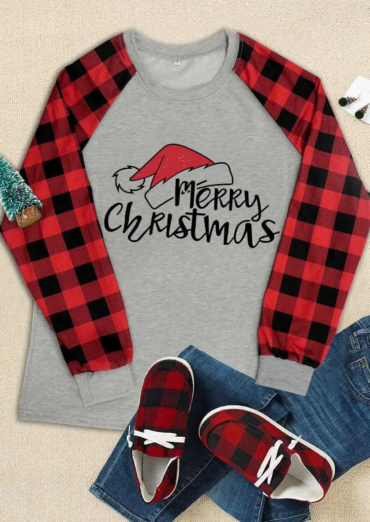 Binshre Merry Christmas Shirts for Women Christmas Tree Sweatshirts Funny Plaid Holiday T Shirt Snowflake Long Sleeve Tops