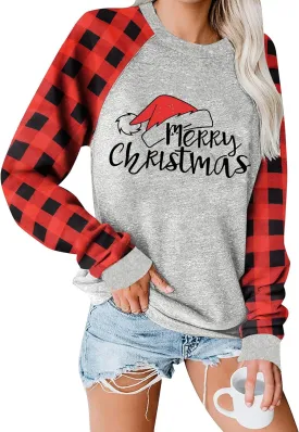 Binshre Merry Christmas Shirts for Women Christmas Tree Sweatshirts Funny Plaid Holiday T Shirt Snowflake Long Sleeve Tops