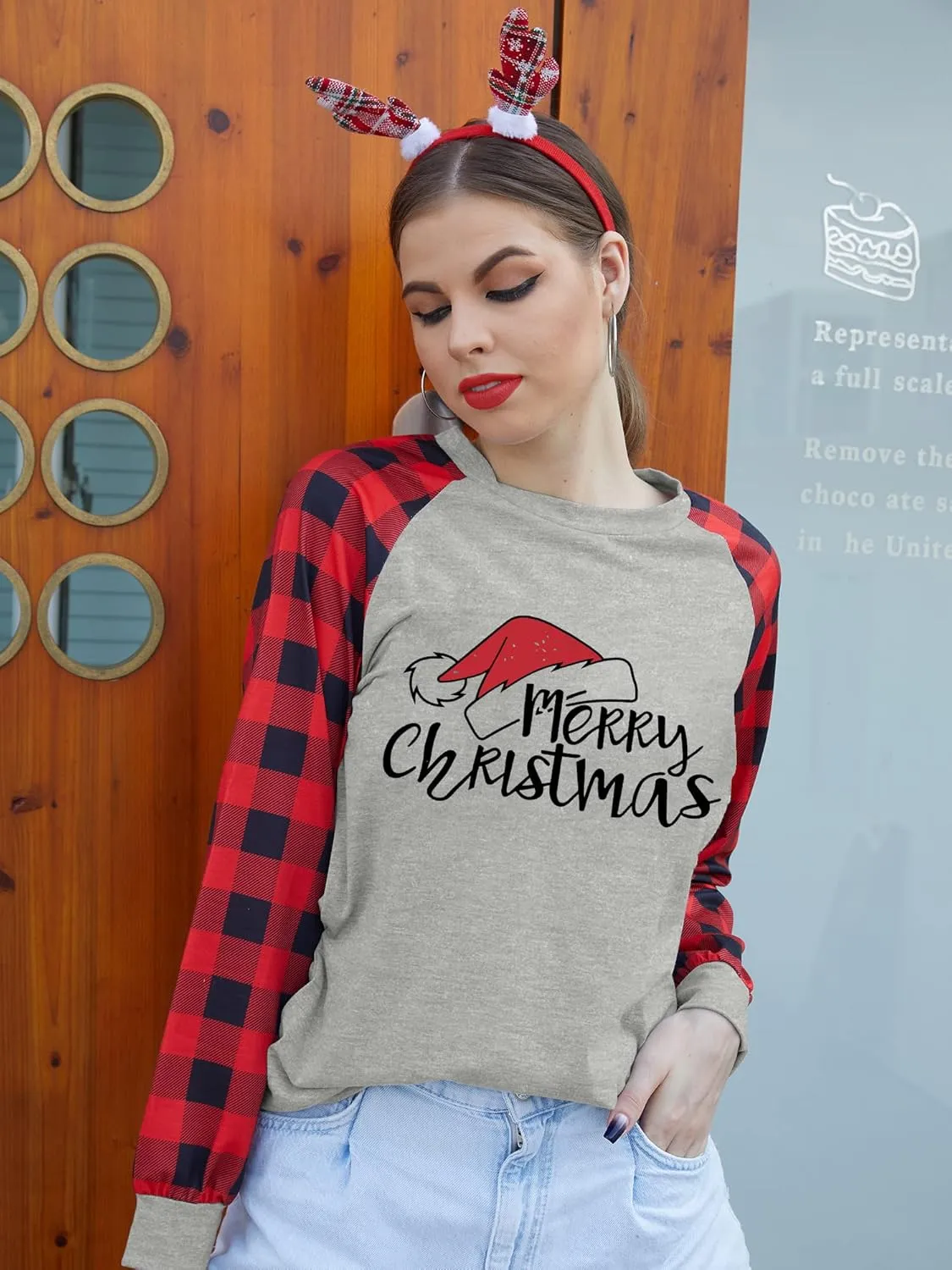 Binshre Merry Christmas Shirts for Women Christmas Tree Sweatshirts Funny Plaid Holiday T Shirt Snowflake Long Sleeve Tops
