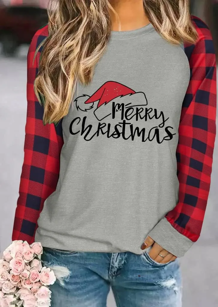 Binshre Merry Christmas Shirts for Women Christmas Tree Sweatshirts Funny Plaid Holiday T Shirt Snowflake Long Sleeve Tops