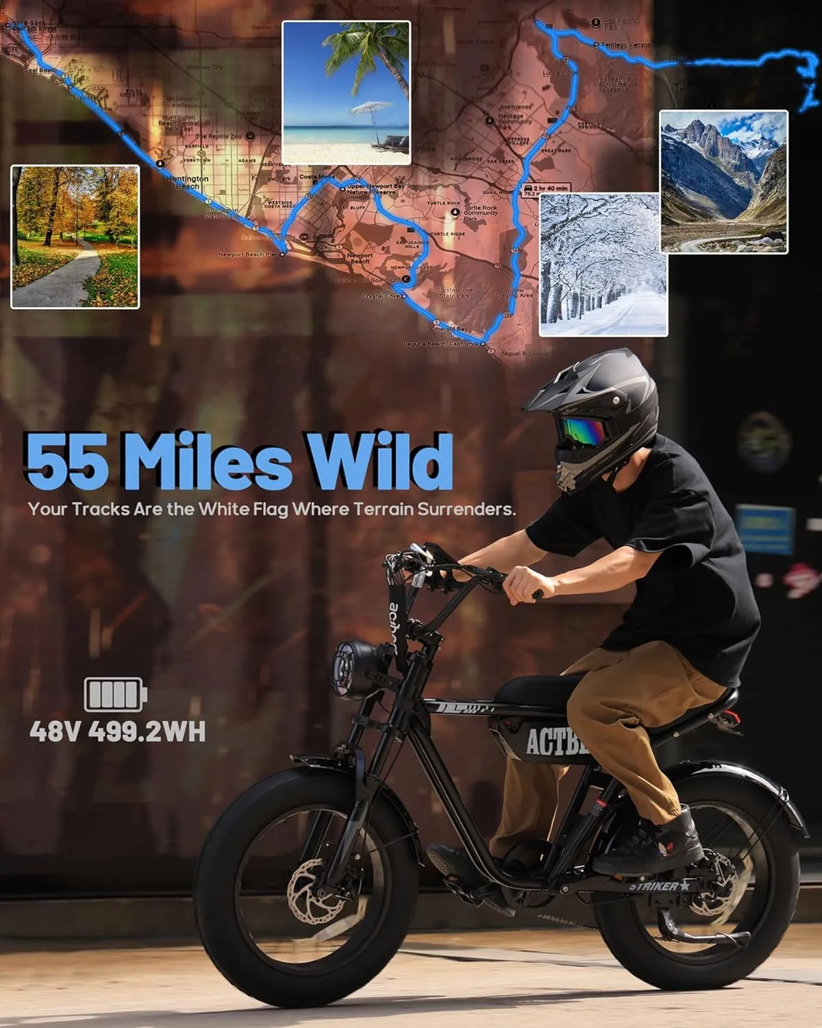 Blaze 164" Electric Bike for Teens/Adults,Peak 1200W, 48V 499Wh, 55Miles Fat Tire All-Terrain Electric Mountain Bike, Full Suspension,UL2849 Electric Motorcycle on Mountains/Snow/Sandy
