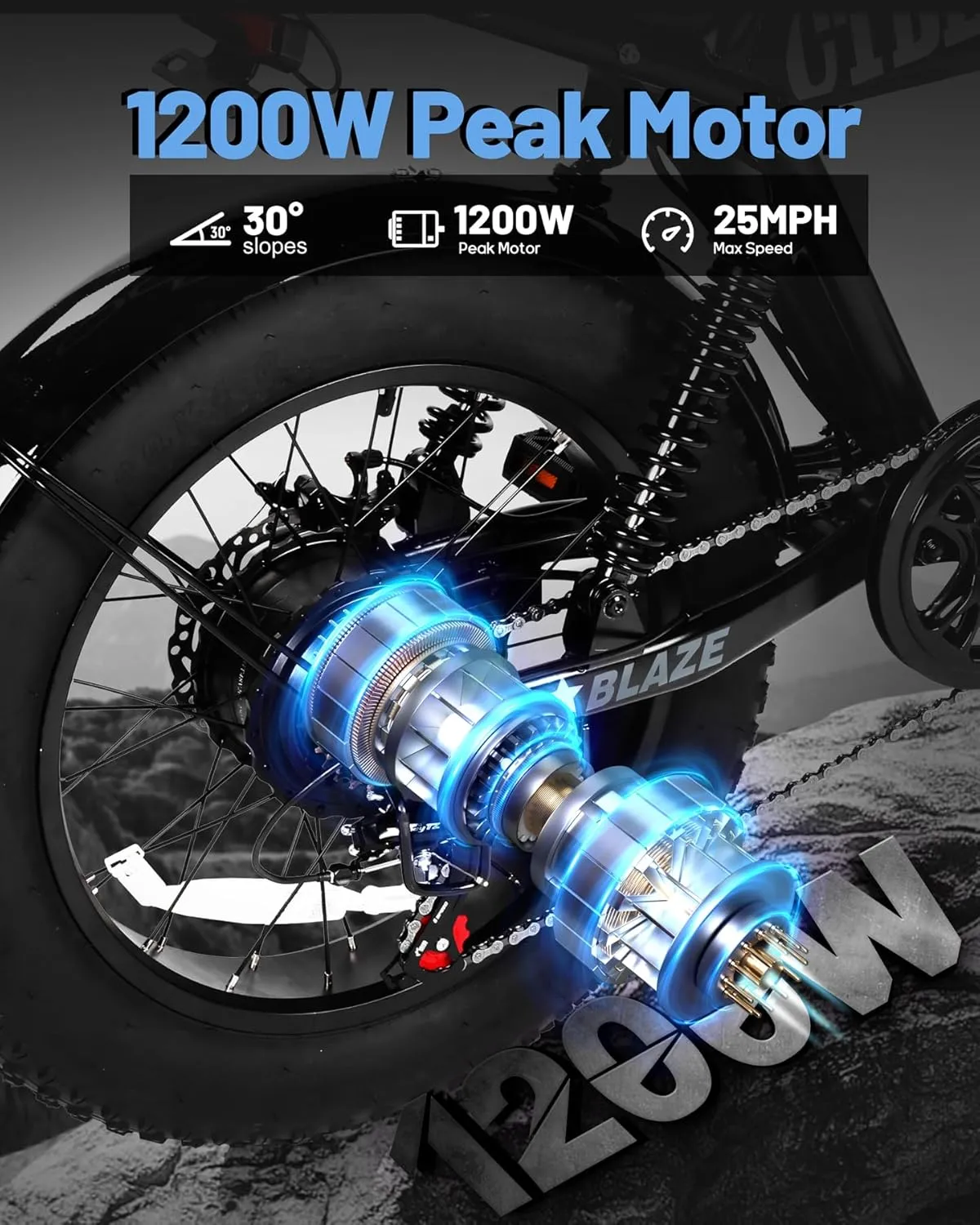 Blaze 164" Electric Bike for Teens/Adults,Peak 1200W, 48V 499Wh, 55Miles Fat Tire All-Terrain Electric Mountain Bike, Full Suspension,UL2849 Electric Motorcycle on Mountains/Snow/Sandy