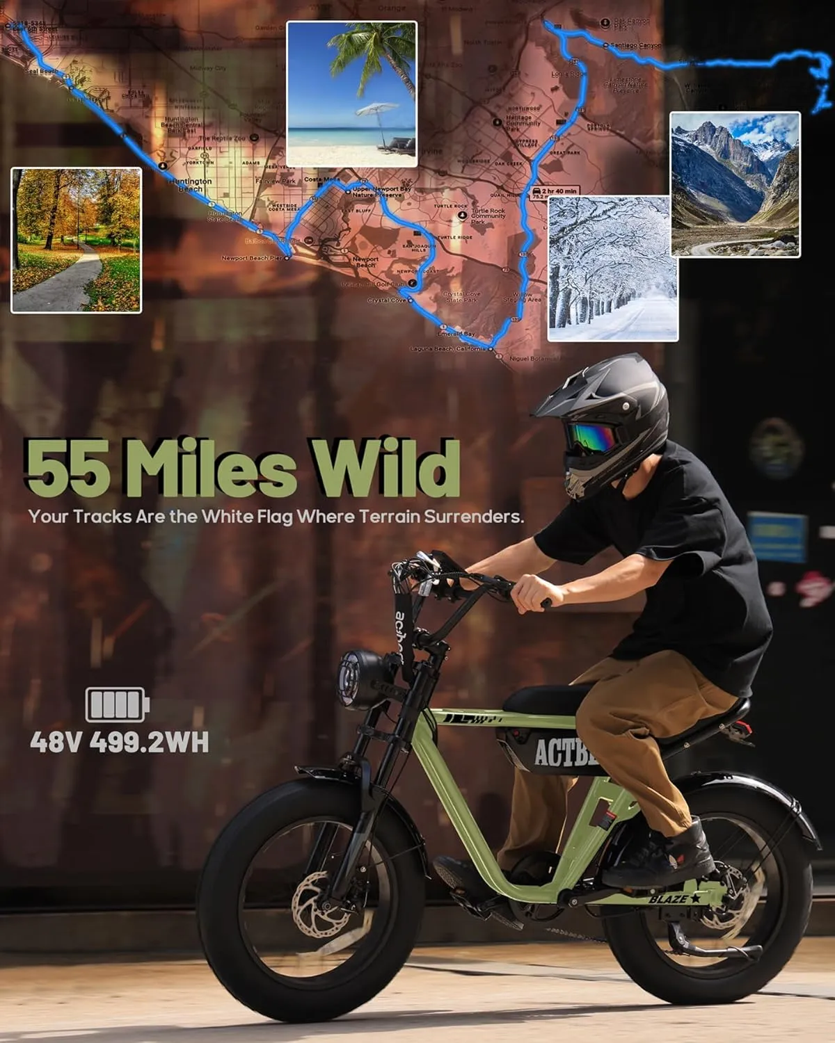 Blaze 164" Electric Bike for Teens/Adults,Peak 1200W, 48V 499Wh, 55Miles Fat Tire All-Terrain Electric Mountain Bike, Full Suspension,UL2849 Electric Motorcycle on Mountains/Snow/Sandy