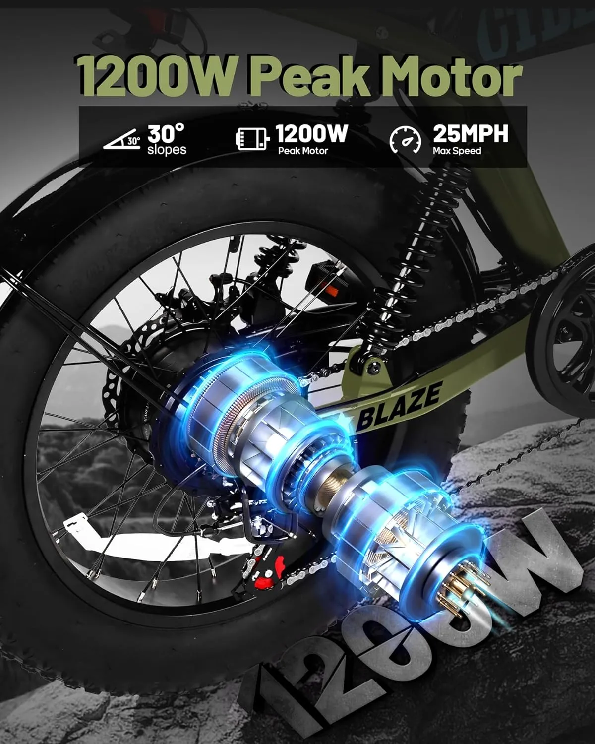 Blaze 164" Electric Bike for Teens/Adults,Peak 1200W, 48V 499Wh, 55Miles Fat Tire All-Terrain Electric Mountain Bike, Full Suspension,UL2849 Electric Motorcycle on Mountains/Snow/Sandy