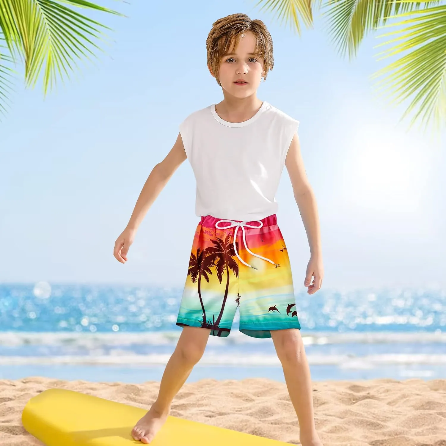 Boys Swim Trunk with Compression Boxer Brief Double Layer Beach Surf Board Shorts Kids Quick Dry Anti Chafe Swimwear