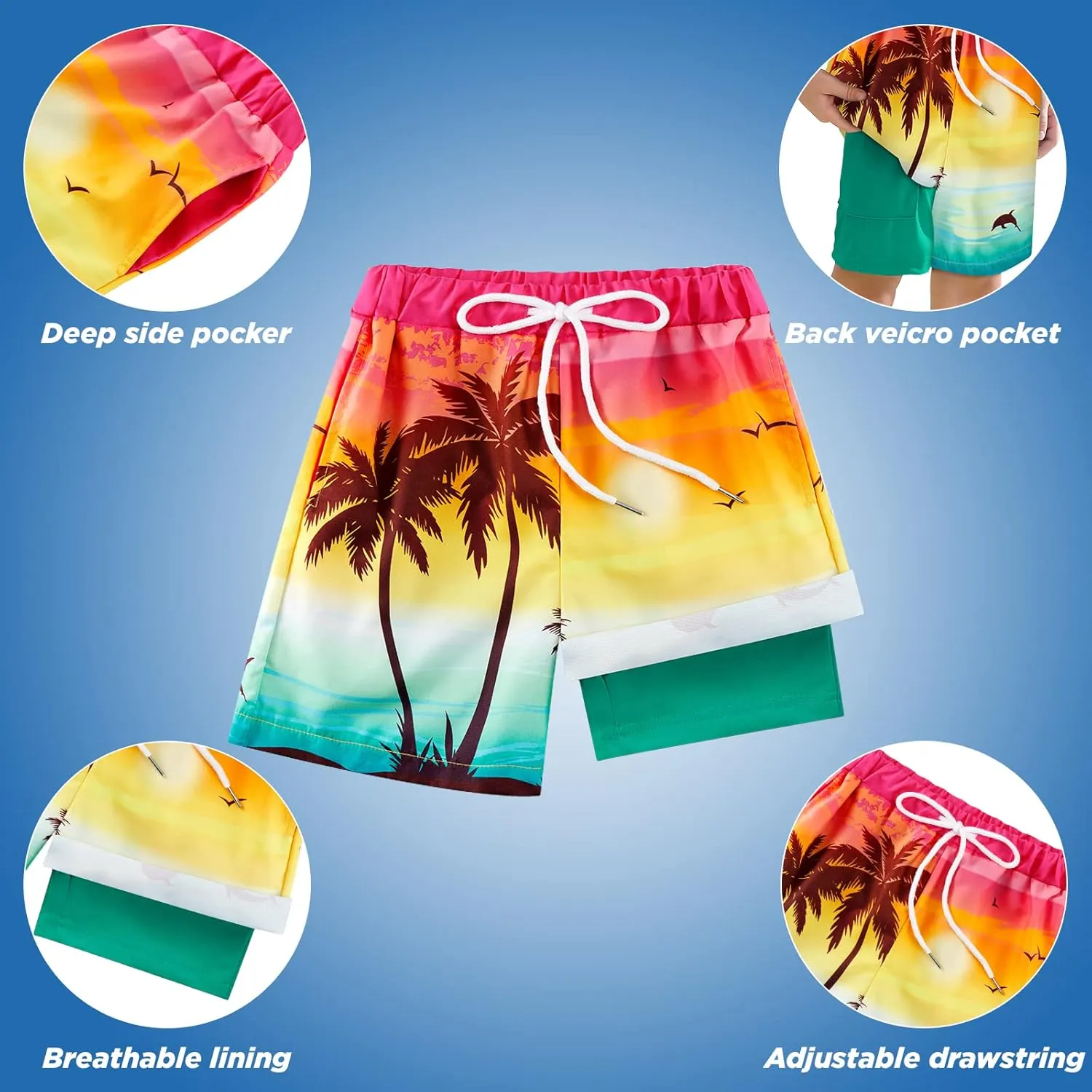 Boys Swim Trunk with Compression Boxer Brief Double Layer Beach Surf Board Shorts Kids Quick Dry Anti Chafe Swimwear