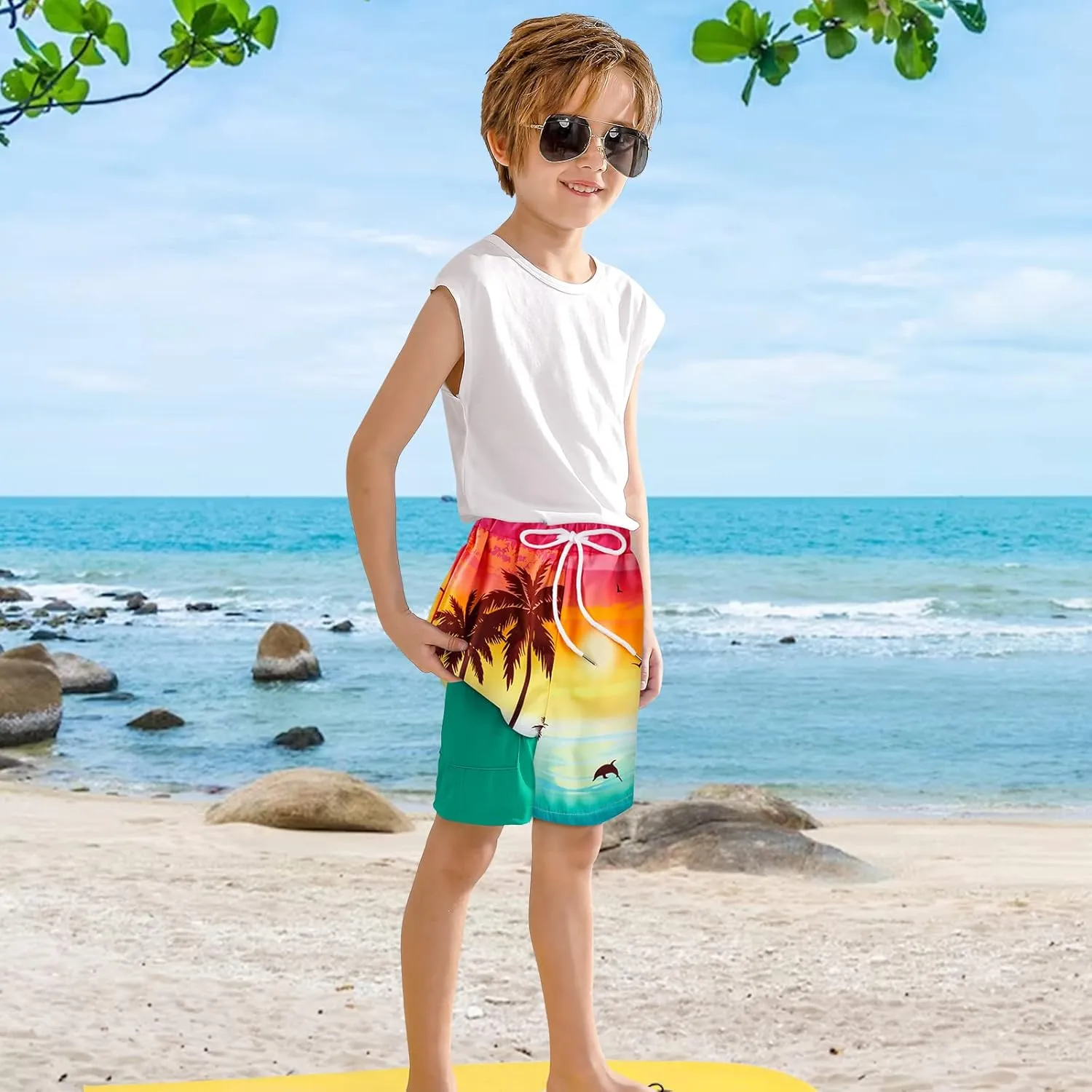Boys Swim Trunk with Compression Boxer Brief Double Layer Beach Surf Board Shorts Kids Quick Dry Anti Chafe Swimwear
