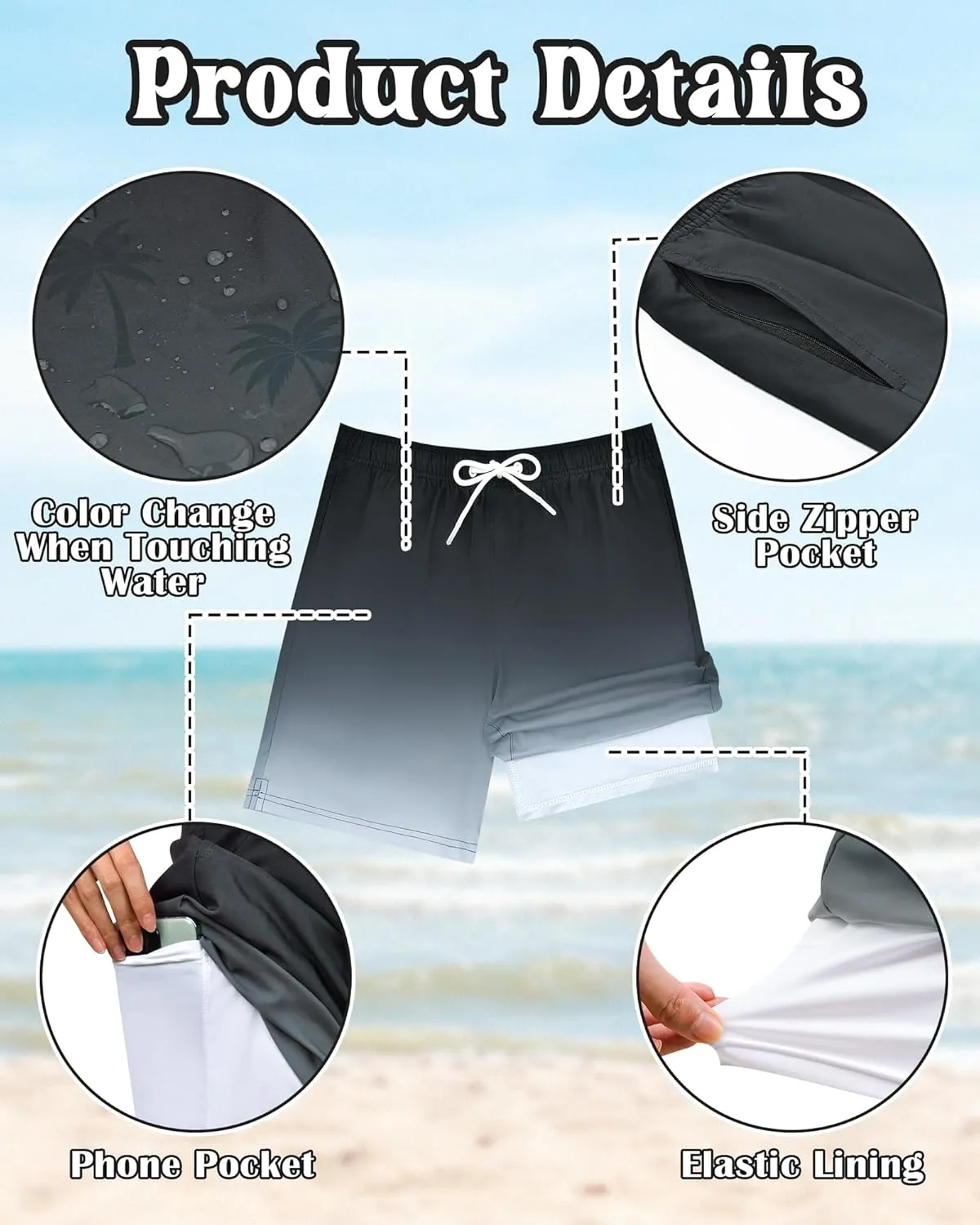 Color Changing Swim Shorts Mens Swim Trunks with Compression Liner 7 Inch Inseam Quick Dry Bathing Suits