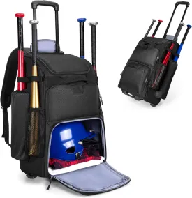 DSLEAF Rolling Baseball Backpack for 4 Bats, Wheeled Softball Equipment Bag with Separate Shoe Space and Multiple Pockets for Baseball Gear, Fence Hook and Detachable Straps for Easy Carry