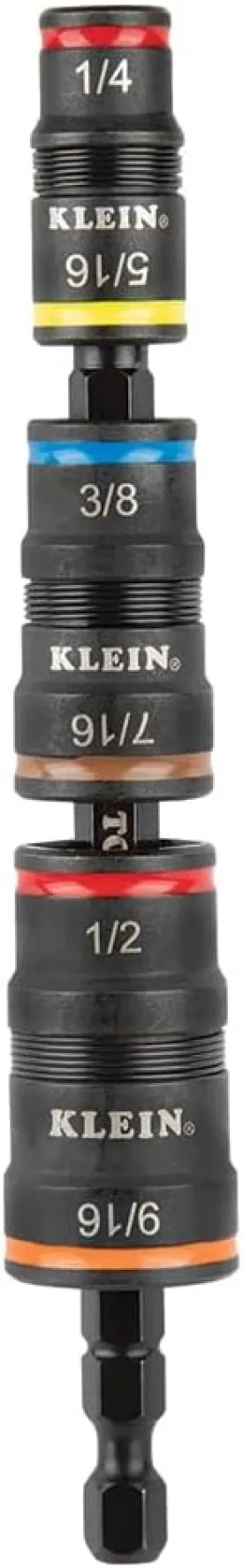 Klein Tools 32933 Impact Driver, SAE 7-in-1 Impact Rated Socket Set, 3 Flip Sockets with 6 Hex Driver Sizes and 1/4-Inch Bit Holder, 5-Inch Shaft