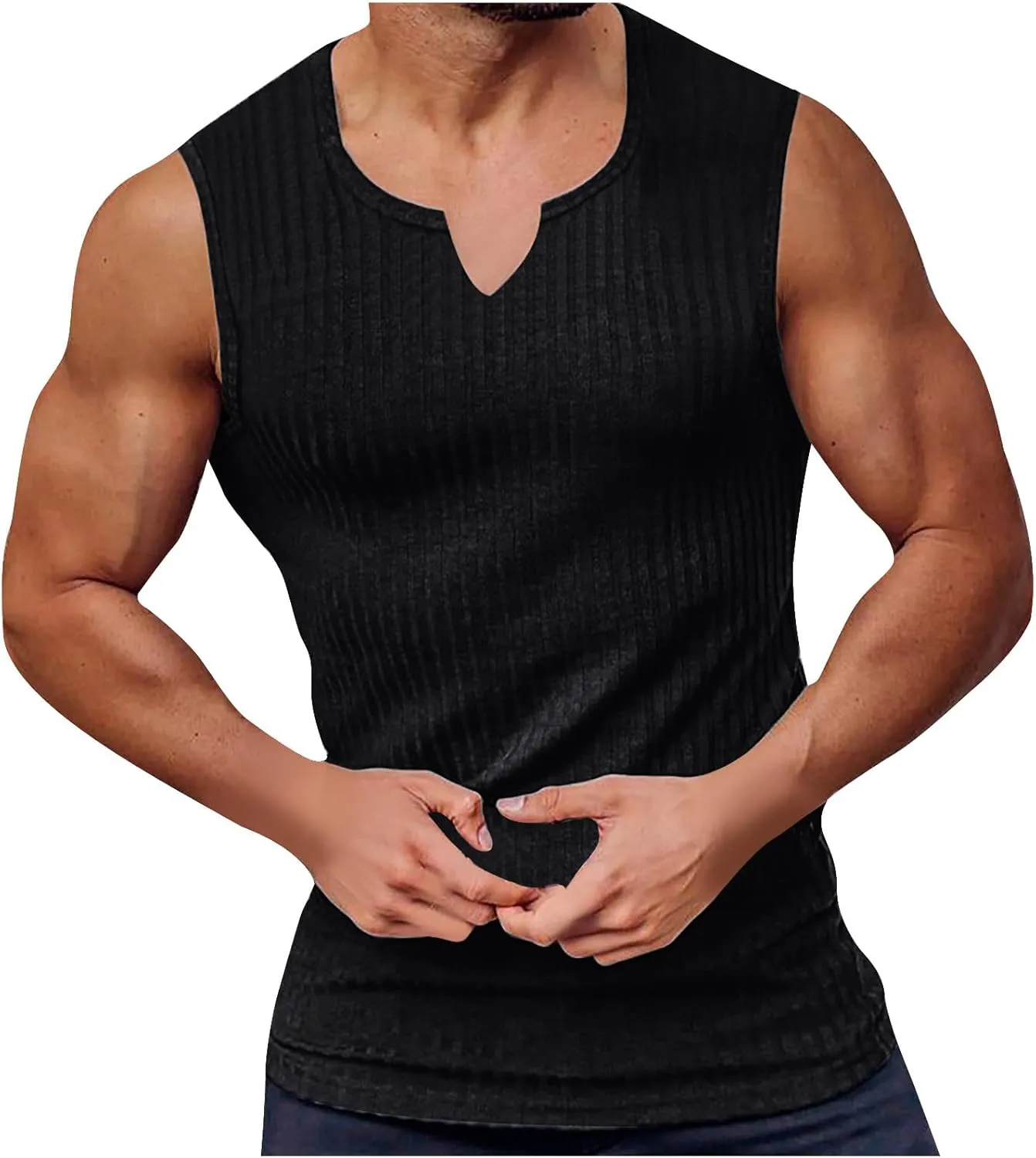 Mens Ribbed Tank Top Cut V Neck Sleeveless Comfy Tanks Fitness Training Sport Swim T-Shirt Sport Outdoor Beach Vest