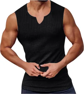 Mens Ribbed Tank Top Cut V Neck Sleeveless Comfy Tanks Fitness Training Sport Swim T-Shirt Sport Outdoor Beach Vest