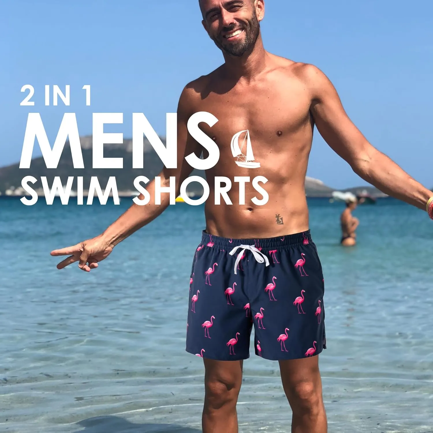 Men's Swim Trunks Quick Dry Beach Shorts with 2 in 1 Compression Liner and Pockets Shorts