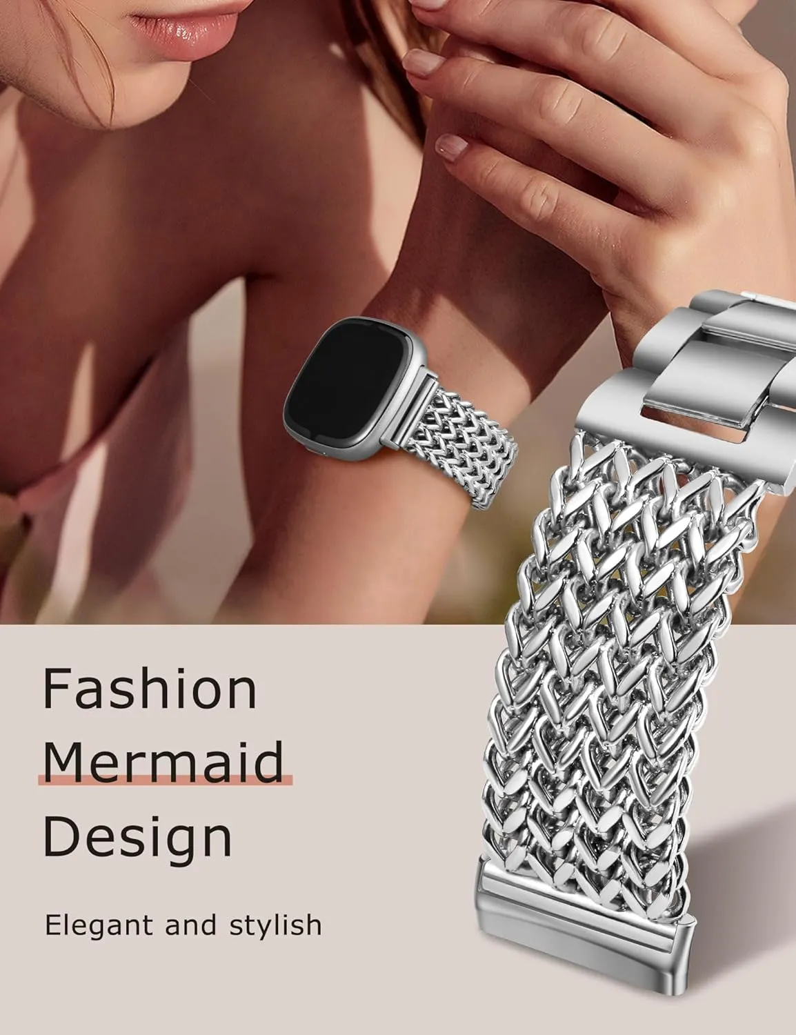 Minyee Metal Bands Compatible with Fitbit Sense 2/Versa 4/Versa 3/Sense Bands Women, Dressy Stainless Steel Multi-chain Designer Luxury Link Bracelet Wristband Replacement Strap