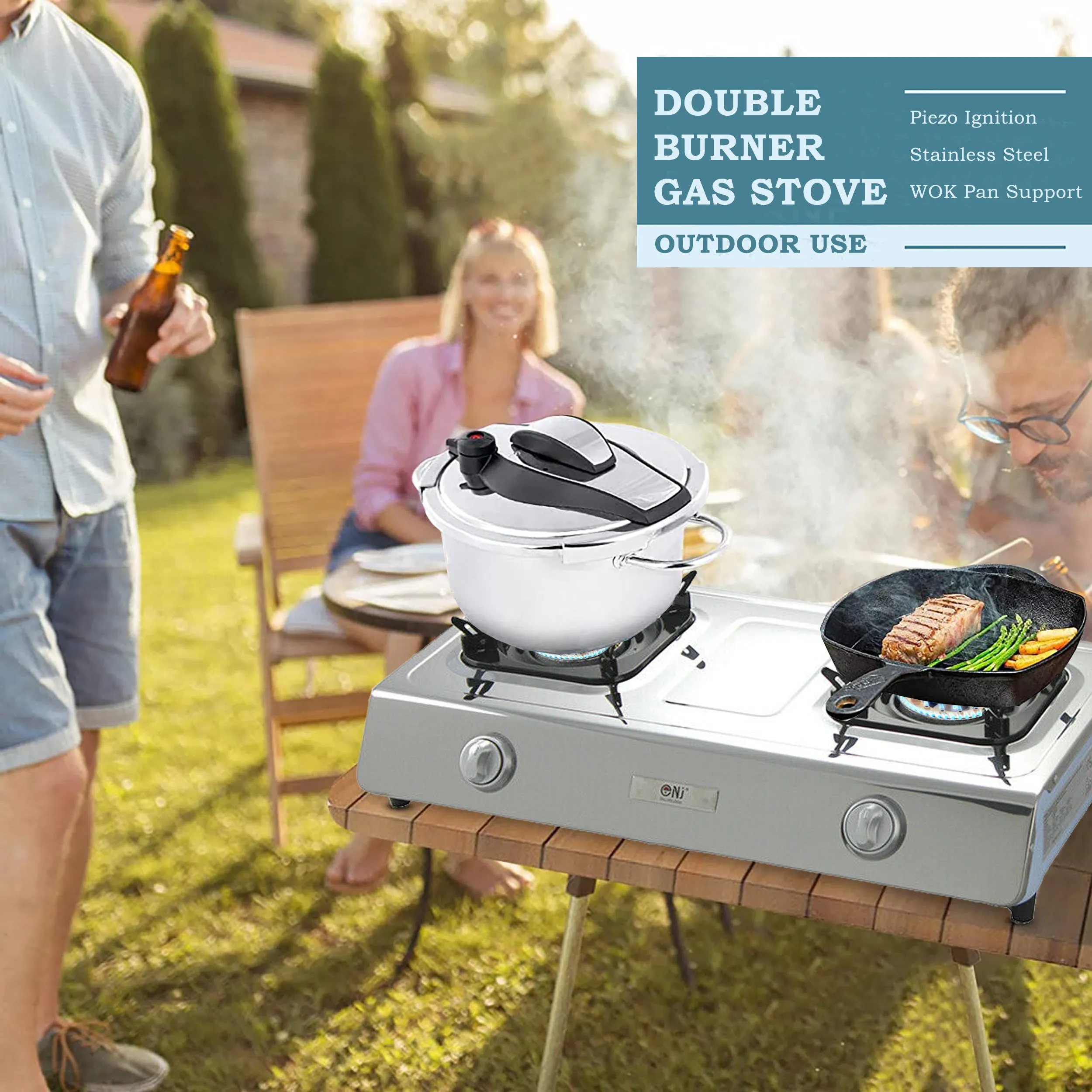 NJ NGB-200 Portable Outdoor 70 cm Gas Stove 2 Burners WOK Camping LPG Cooker