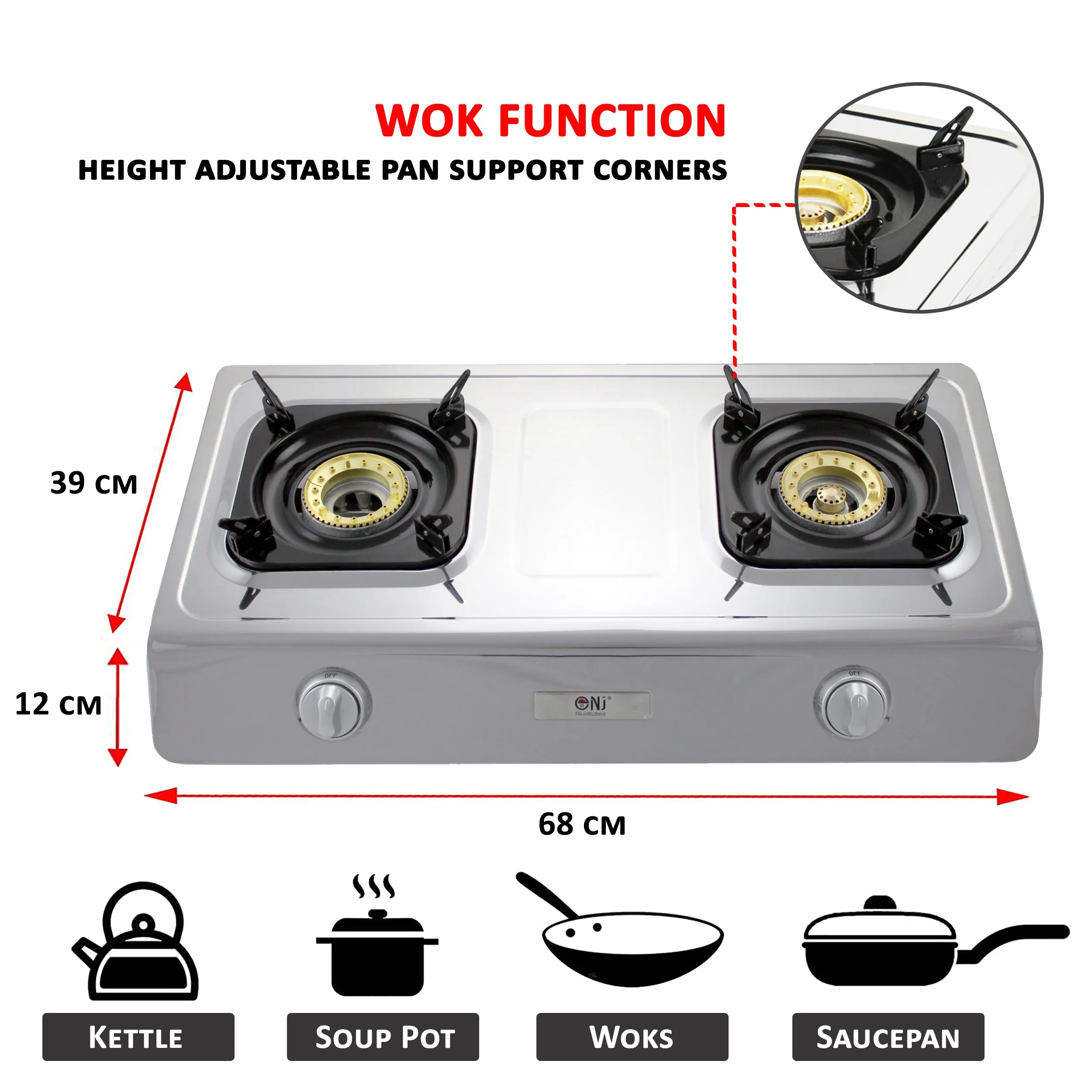 NJ NGB-200 Portable Outdoor 70 cm Gas Stove 2 Burners WOK Camping LPG Cooker