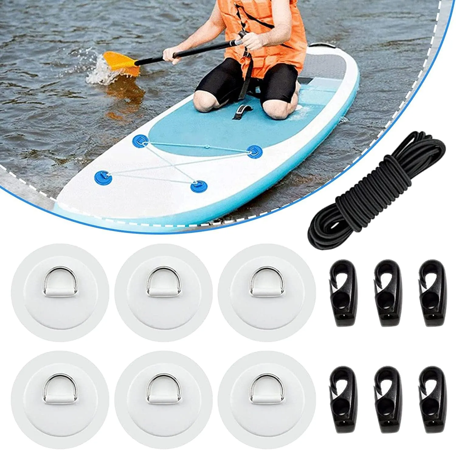 PVC D Rings Patches with Elastic Bungee Cords and Hooks for Inflatable Boat Kayak Dinghy Deck Stand Up Paddleboard Rafting Accessories