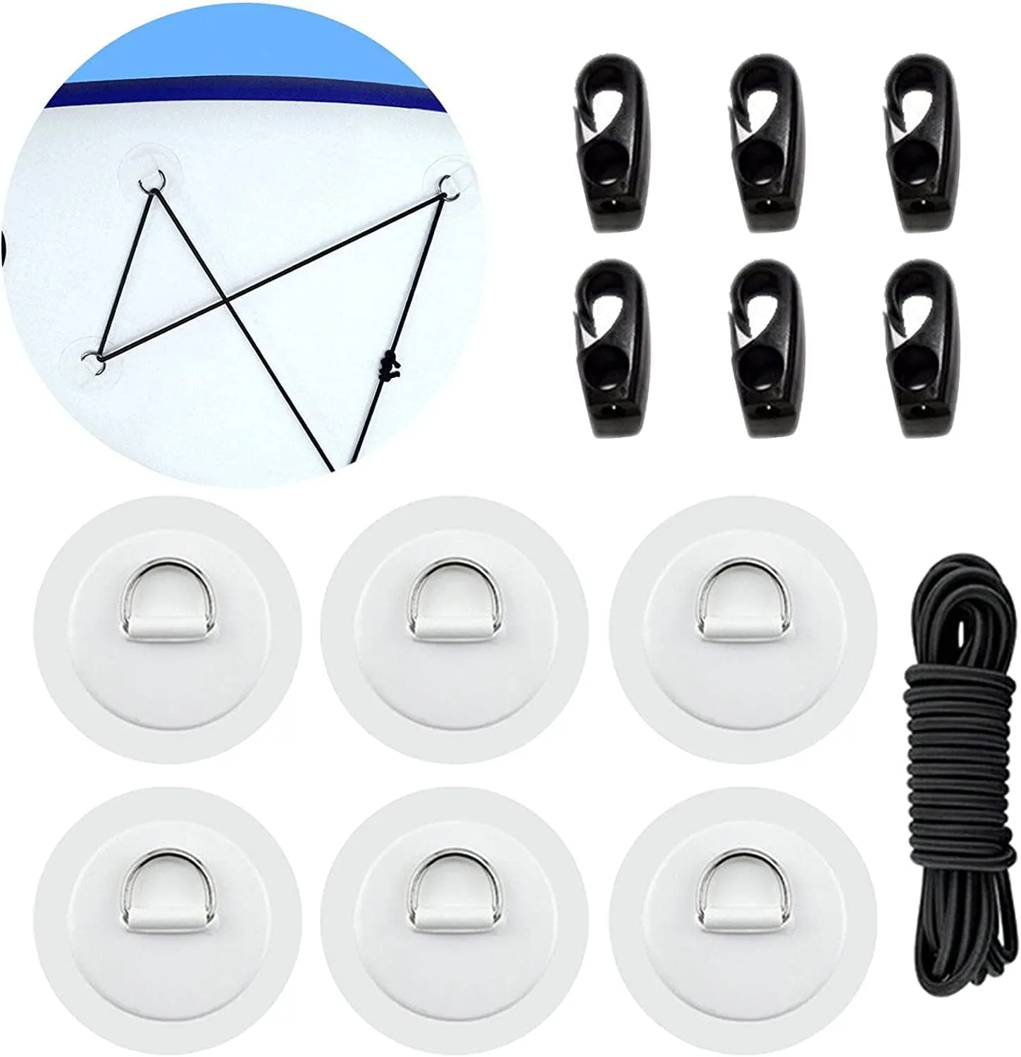 PVC D Rings Patches with Elastic Bungee Cords and Hooks for Inflatable Boat Kayak Dinghy Deck Stand Up Paddleboard Rafting Accessories