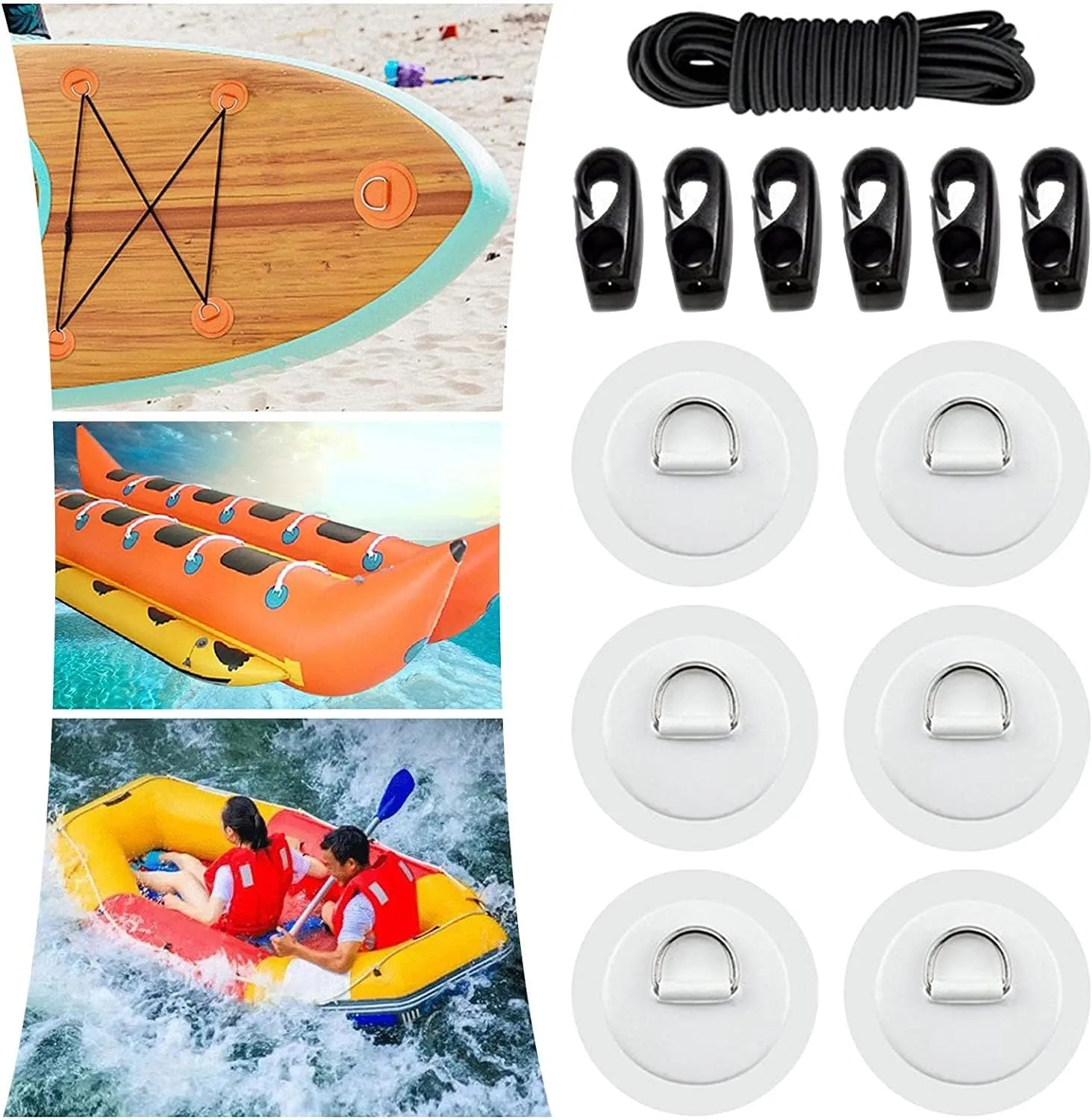 PVC D Rings Patches with Elastic Bungee Cords and Hooks for Inflatable Boat Kayak Dinghy Deck Stand Up Paddleboard Rafting Accessories