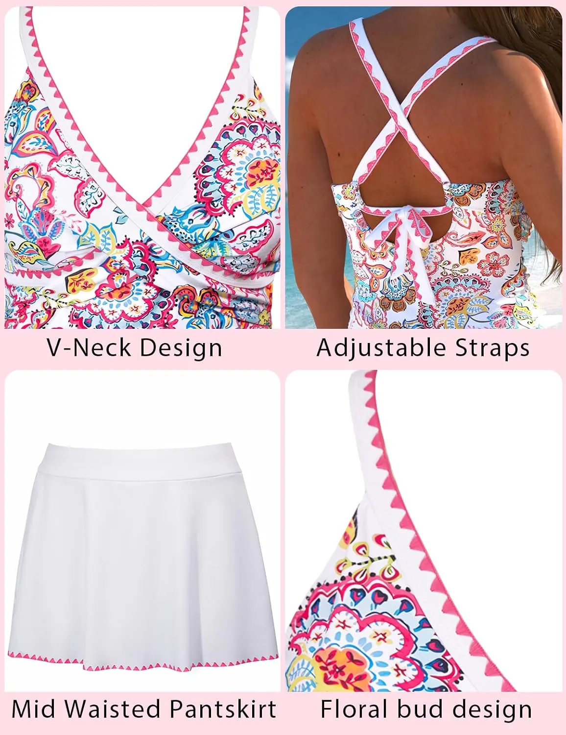 ROSEWE Two Piece Tankini Swimsuits for Women, Tummy Control Bathing Suit with Skirt, V-Neck Swimdress
