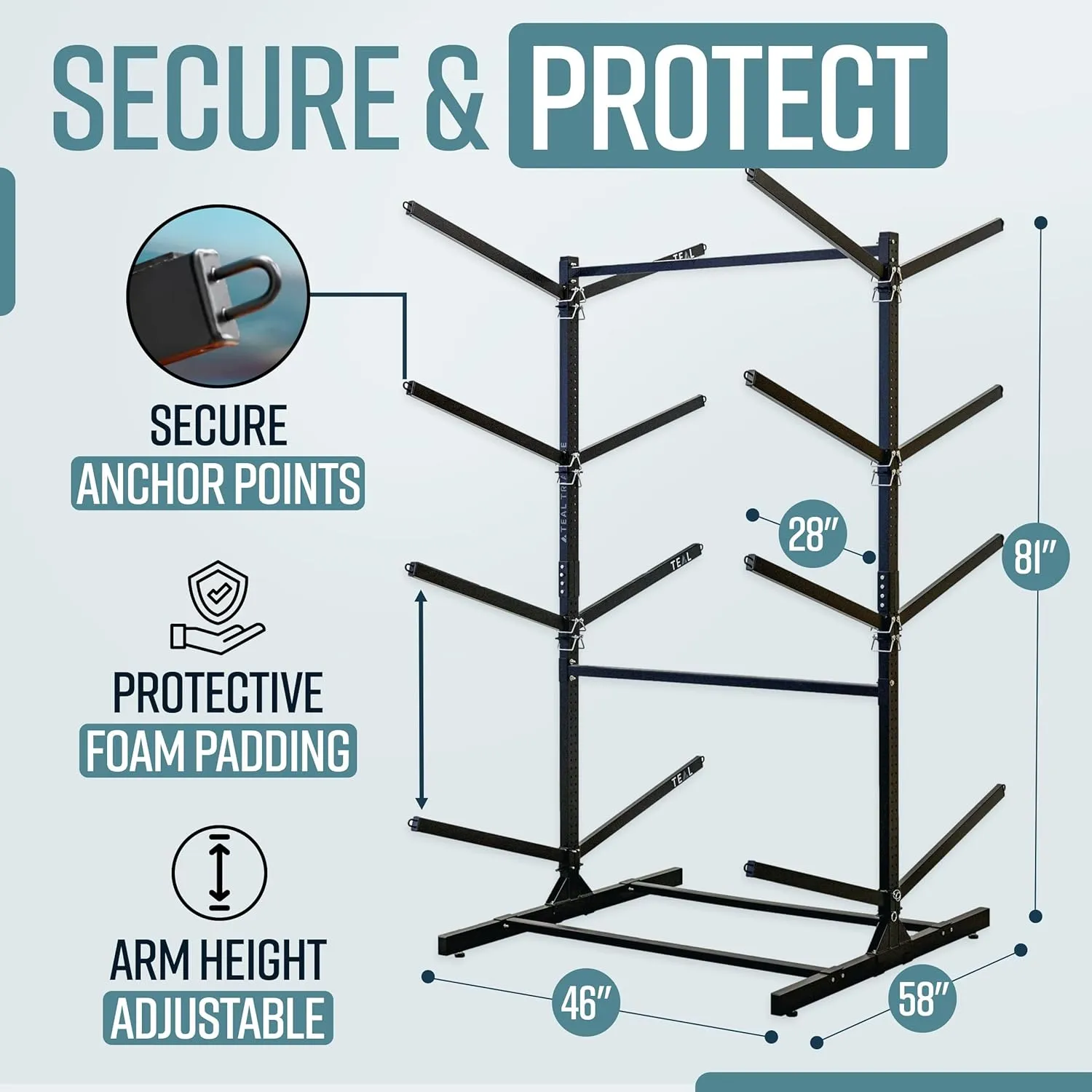 Teal Triangle Freestanding Kayak Storage Rack - Storage Rack for 8 Kayaks or Canoes - Premium Kayak Stand for Outdoor and Indoor - Adjustable Kayak Holder and Canoe Storage Stand