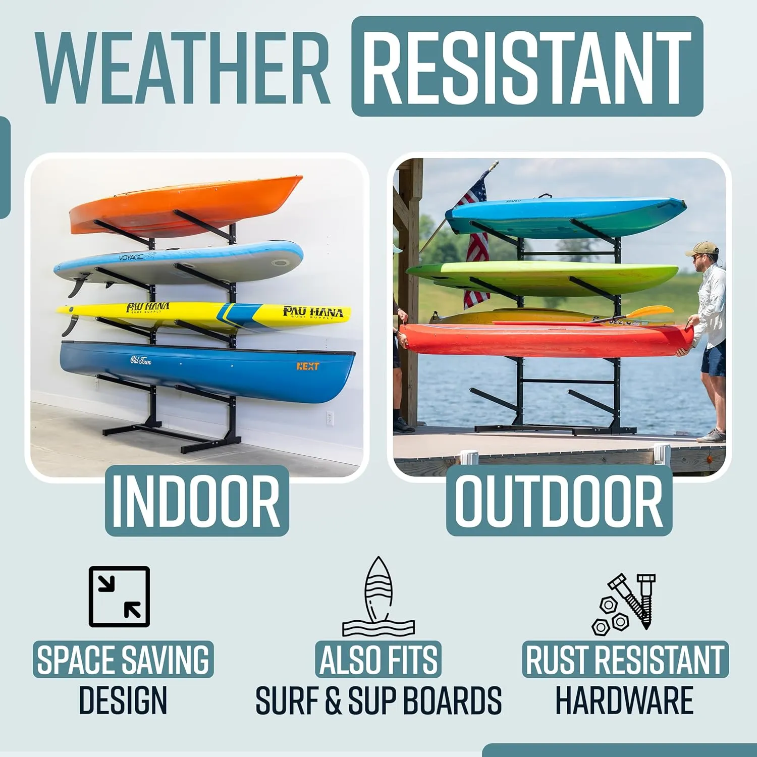Teal Triangle Freestanding Kayak Storage Rack - Storage Rack for 8 Kayaks or Canoes - Premium Kayak Stand for Outdoor and Indoor - Adjustable Kayak Holder and Canoe Storage Stand