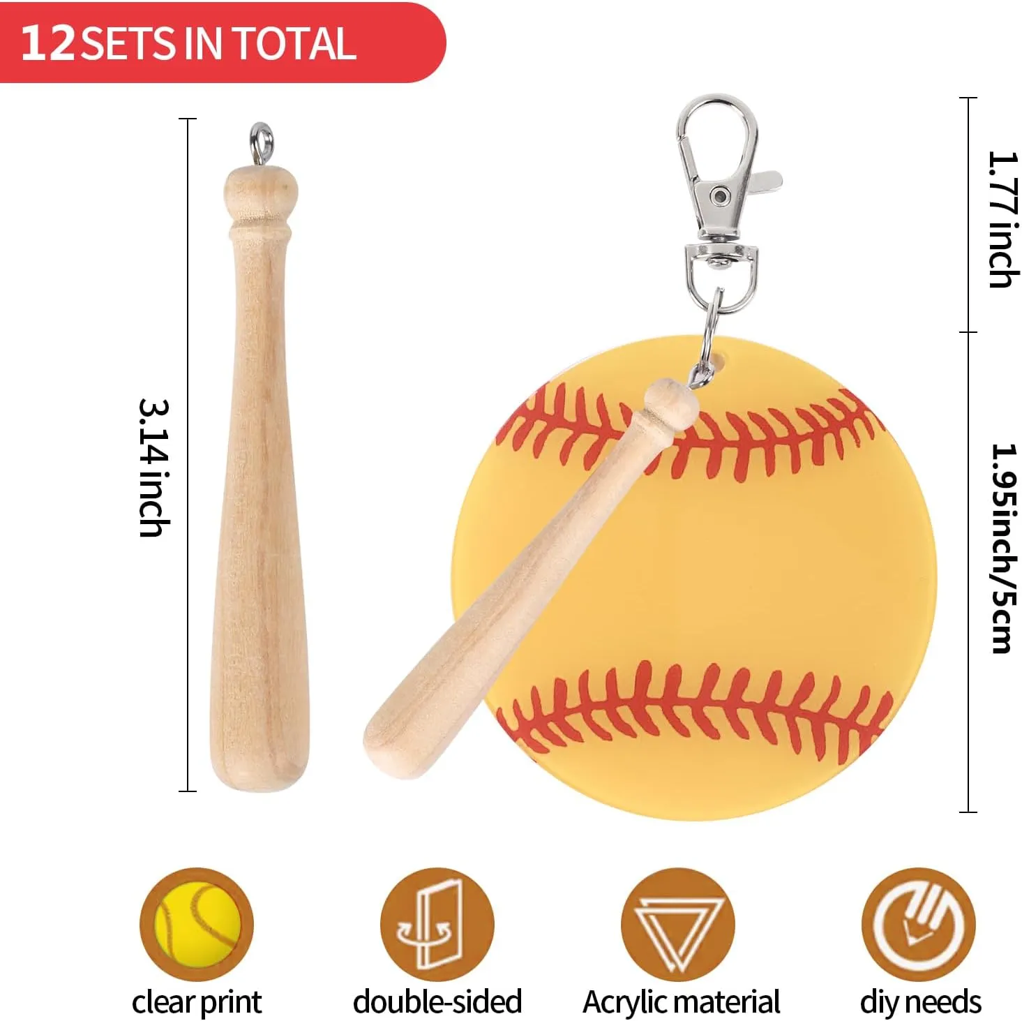 Vefungyan Baseball Softball Sports DIY Keychain : 12 Set Acrylic keychain Kit with Mini Baseball Softball Bat 5cm