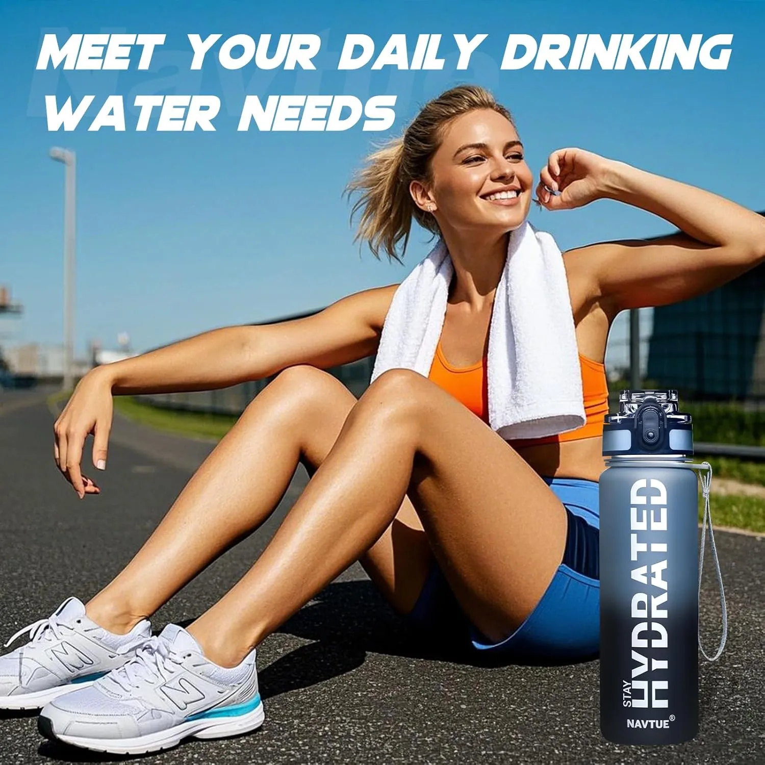 Water Bottle, 16oz Sports Water Bottles with Time Marker Wide Mouth, Motivational and Leakproof Drink Bottle, BPA Free Tritan with Carry Strap for Gym Fitness Outdoor(Direct Drink)